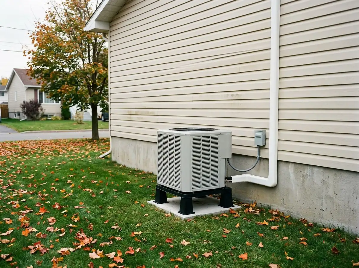 Thermopompe centrale sur pieds à côté d'un bungalow en déclin, en automne