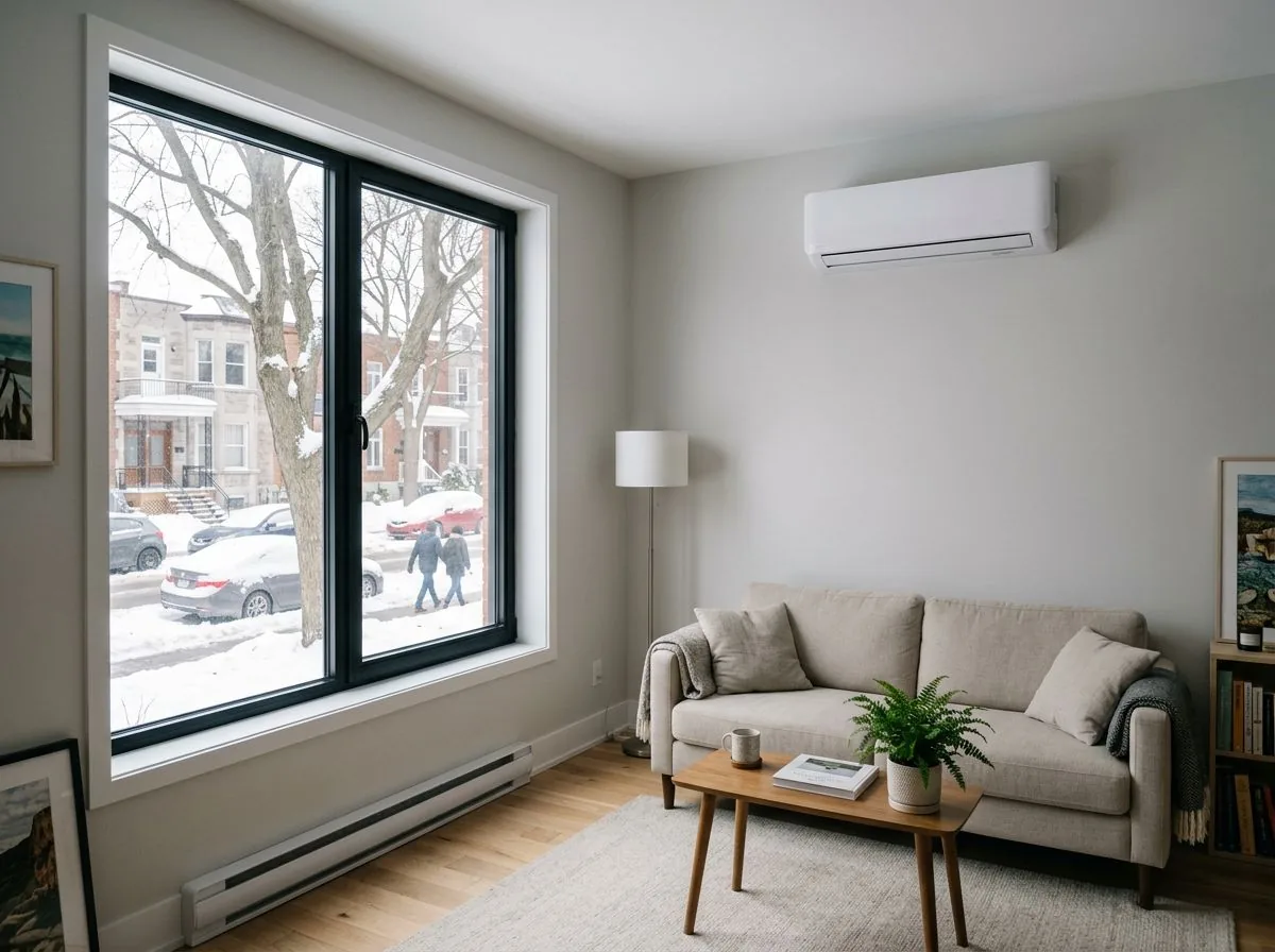 Unité murale intérieure dans le salon d'un condo à Montréal, en hiver